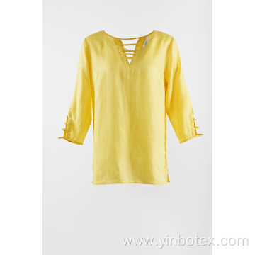 Linen solid blouse in color yellow